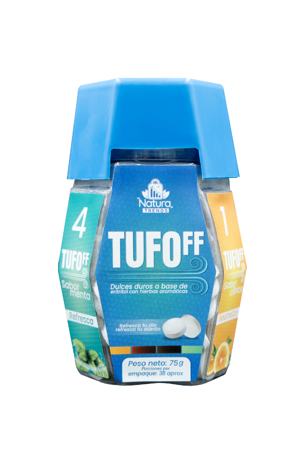 Dulces TUFOFF sin azúcar mix 4 sabores naranja menta canela café 75g